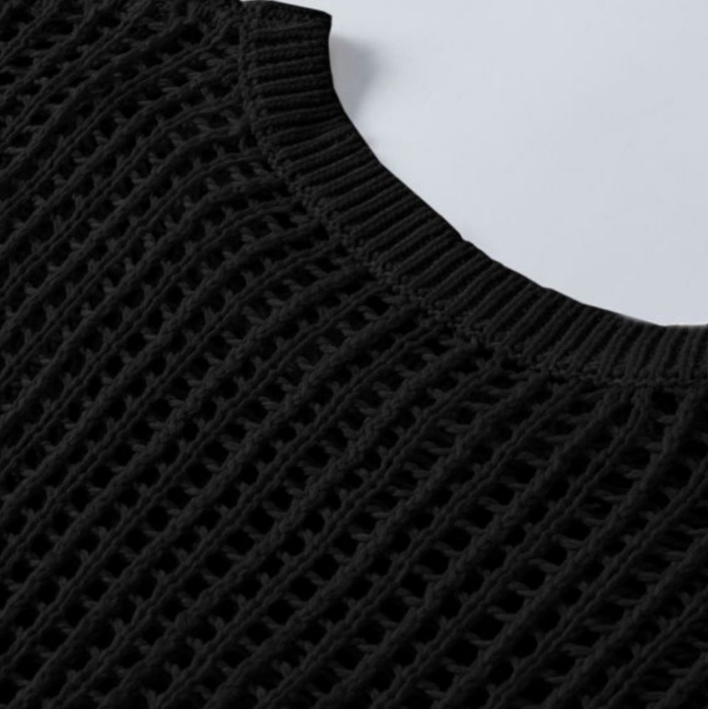 Crochet Open Weave Knit Eggshell Black Bohemian Top, Fishnet - Picture 12 of 12